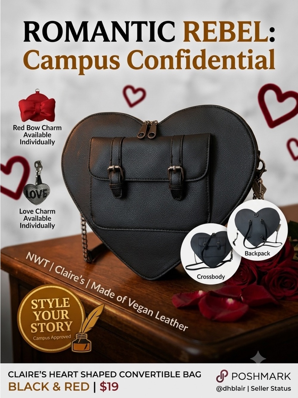 Claire's Heart-Shaped Black‎ Convertible Crossbody Bag to Backpack NWT